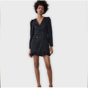 Zara Black Polka Dot Blazer Dress with Ruffle